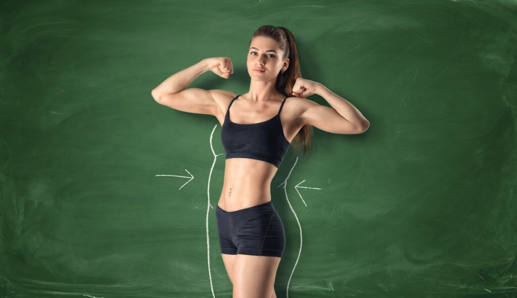 Fitness girl showing her biceps with drawn fat around body