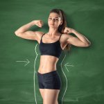Fitness girl showing her biceps with drawn fat around body